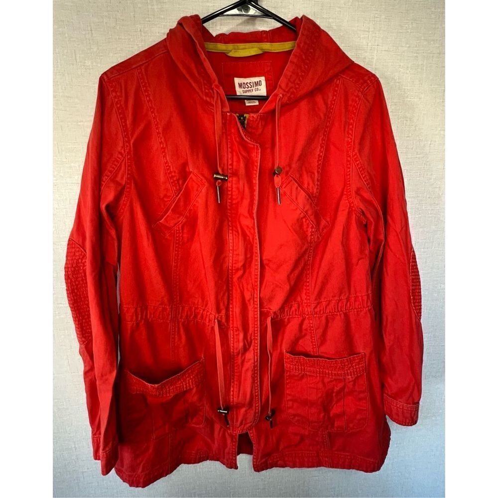 Mossimo Bright Orange Denim Hooded Zip Up Jacket With Lots Of Pockets